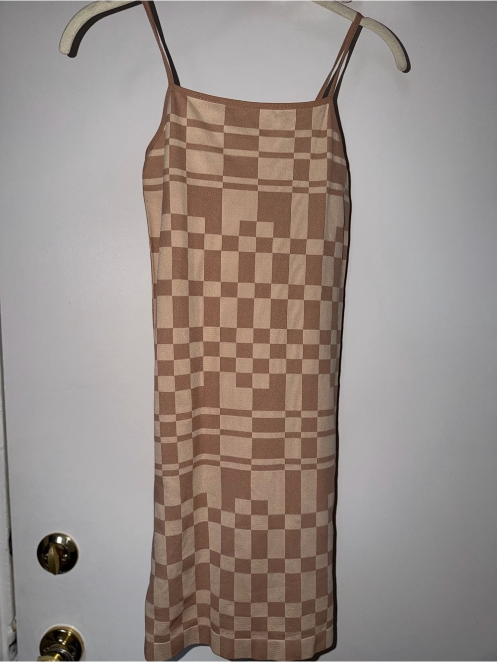 tan checkerboard mini dress